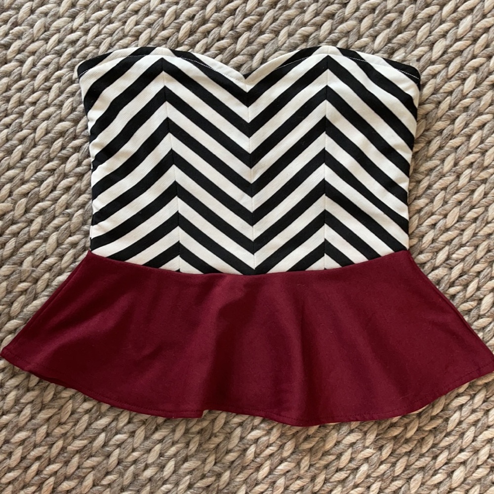 Size S Fitted Tube Top, Black/White/Burgundy